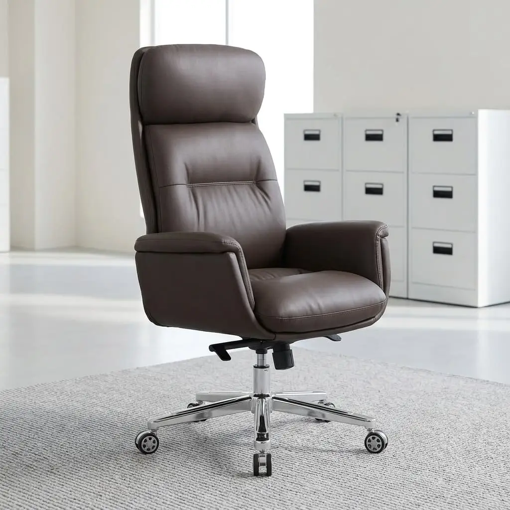 Executive High-Back Leather Chair With Black Leather Upholstery, Tall Padded Backrest, Cushioned Headrest, Thick Upholstered Armrests And Metallic-Toned Five-Star Caster Base