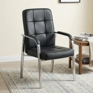 Executive-Style Visitor Chair with black segmented upholstered high backrest, thick padded seat, black armrest pads and polished metallic-toned four-leg frame