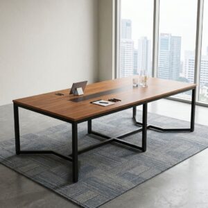 Custom-Made 2.4m Solid Wood Boardroom Table with rectangular warm-toned solid wood tabletop, dark central inset detail and geometric black metal frame