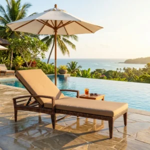 Adjustable Wicker Sunbed with brown woven-style frame, raised reclining backrest, integrated armrests and full-length beige-toned cushioning