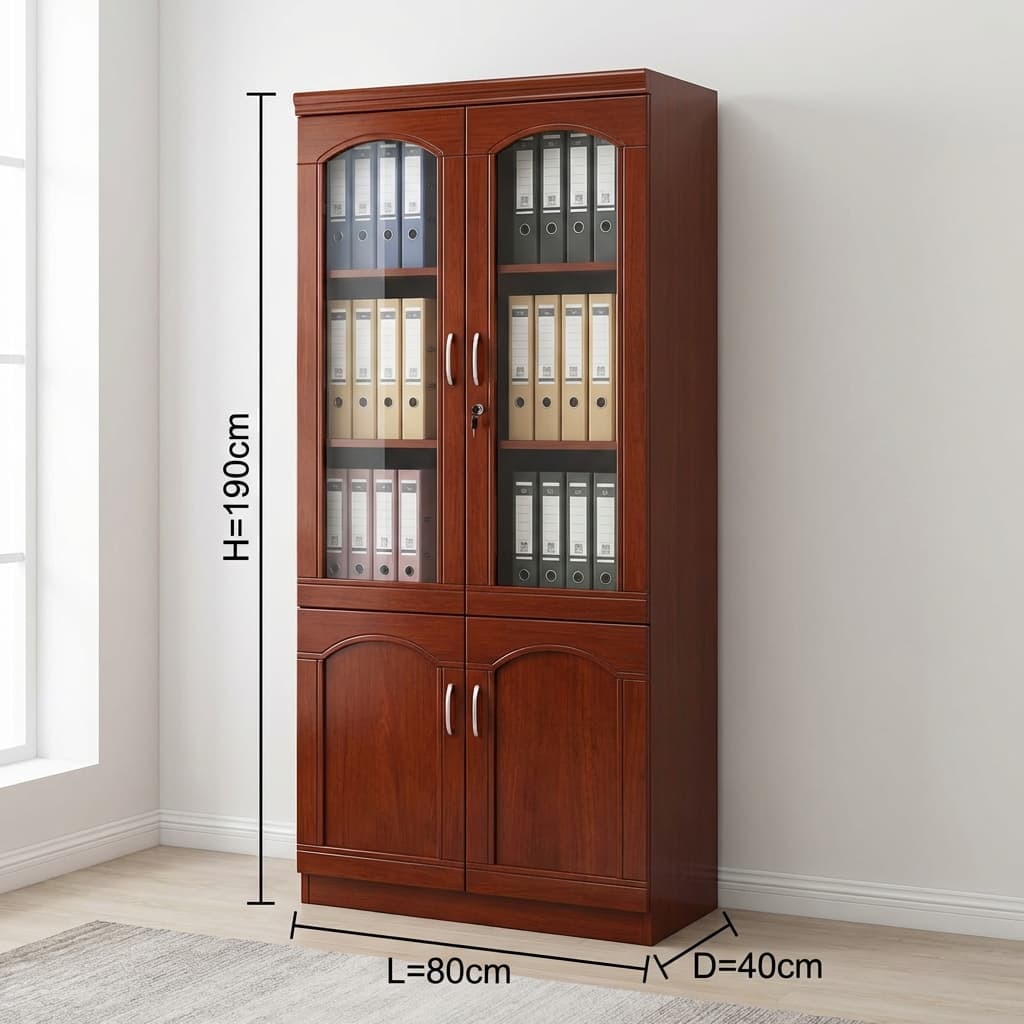 Half-Glass Wooden Cabinet Showcasing A Mahogany Veneer Finish, Upper Dual Arched Tempered Glass Doors With A Cylinder Lock, And Lower Dual Arched Solid Wood Doors.