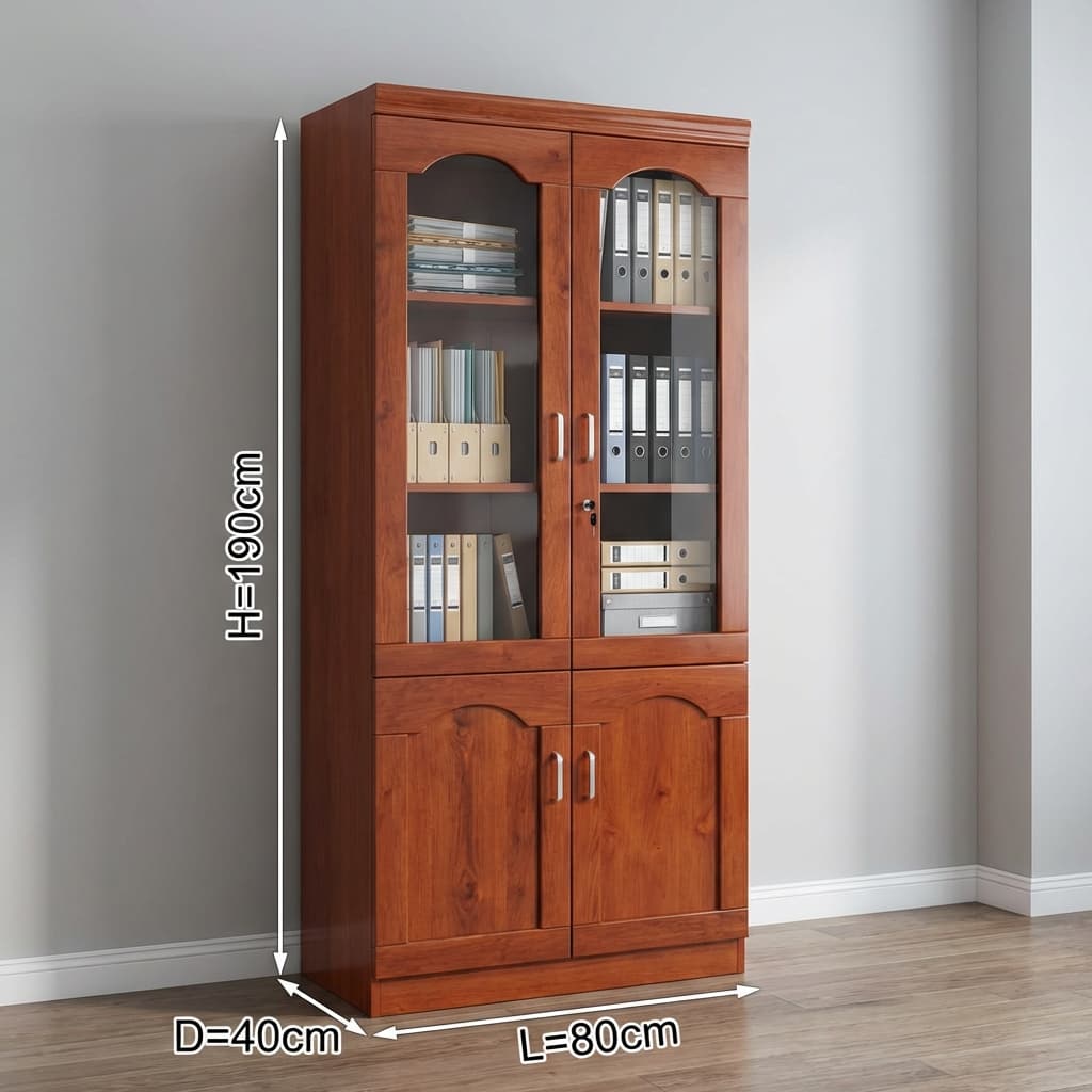 Half-Glass Wooden Cabinet Showcasing A Mahogany Veneer Finish, Upper Dual Arched Tempered Glass Doors With A Cylinder Lock, And Lower Dual Arched Solid Wood Doors.