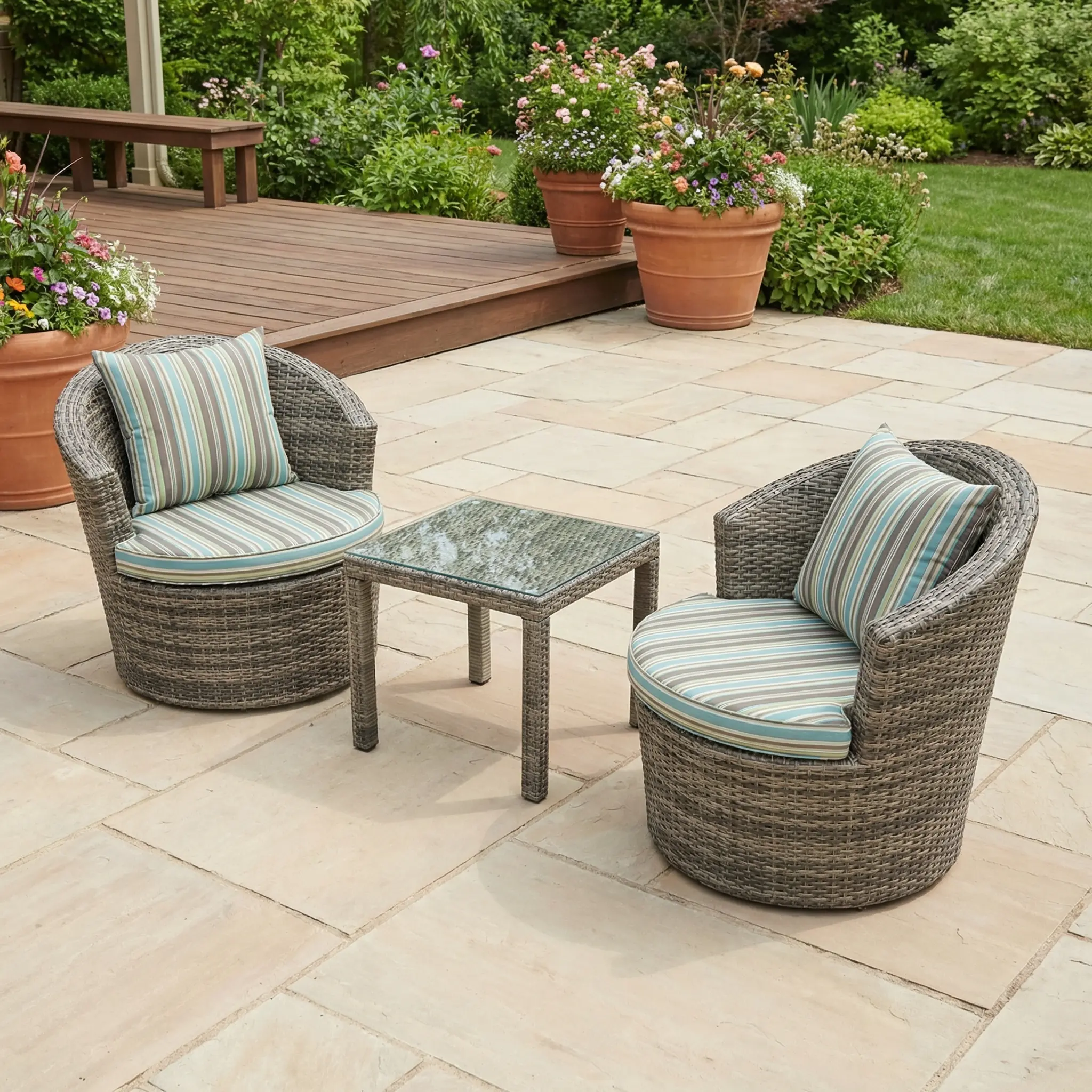 Stylish Outdoor Conversation Set With Two Grey Woven-Style Rounded Armchairs, Striped Green And Blue Cushions, And Coordinating Rectangular Table
