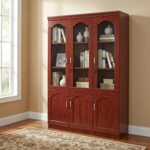 Executive 3 Door Bookcase featuring a vertical cherry wood grain cabinet with three upper arched tempered glass display doors and three lower solid wood locking cabinet doors.