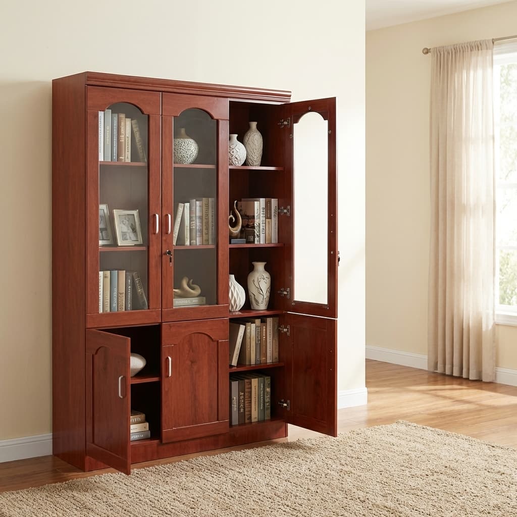 Executive 3 Door Bookcase wooden office cabinet with glass doors and shelves for storage and display