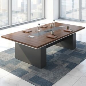 2m Boardroom Table showcasing a rectangular dark brown wood grain tabletop with an integrated central silver connectivity track supported by two thick matte charcoal gray slab base panels.
