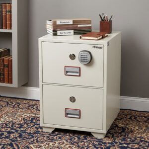 Diplomat DFC-2000K 2-Drawer Fireproof Filing Safe featuring a cream-colored steel body, an upper digital keypad lock, independent key cylinders, and recessed metal drawer handles.