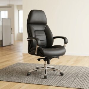 Niki Premium Office Seat showcasing an executive high-back black leatherette backrest with horizontal padding layers, matching padded armrests, and a polished chrome wheeled base.