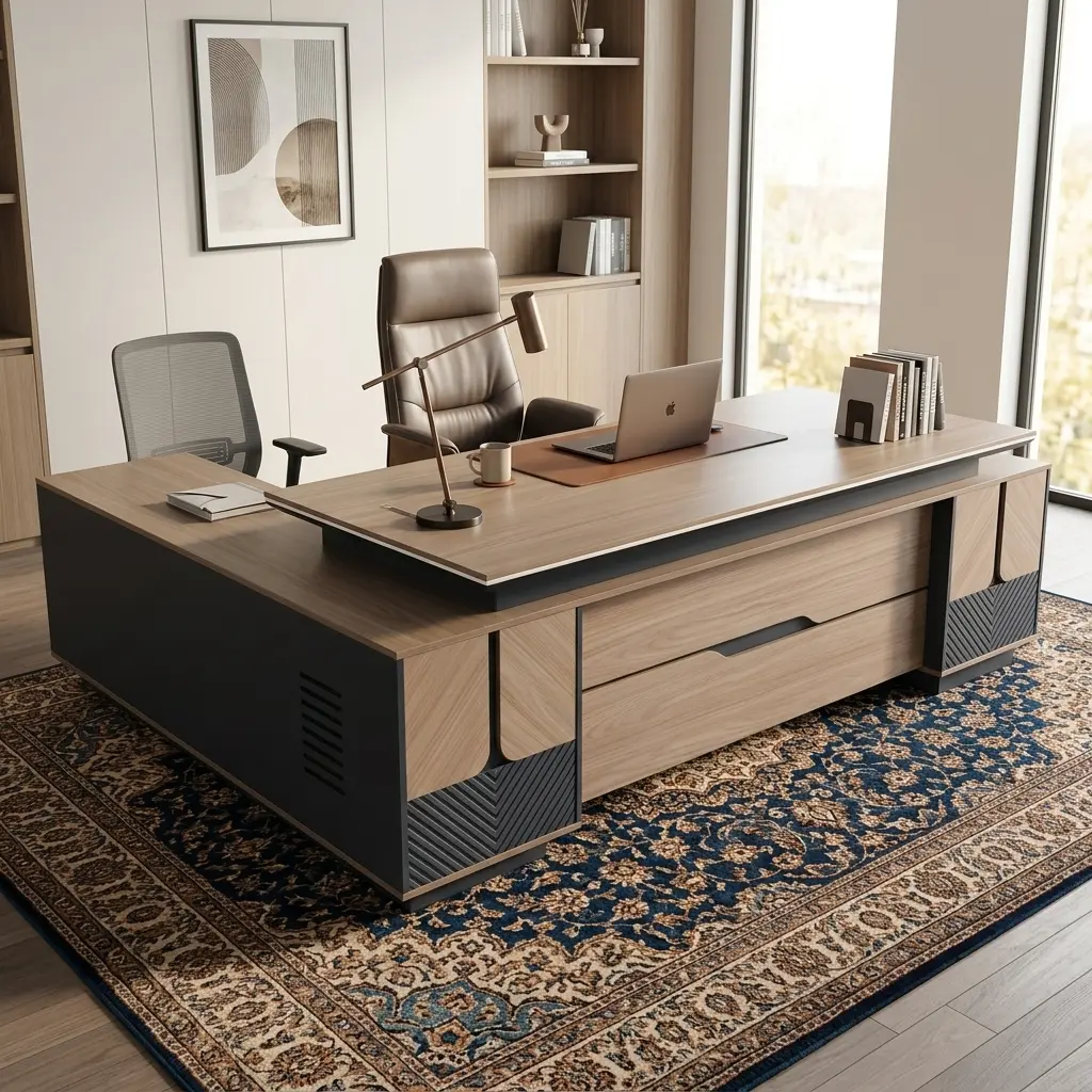 Directors 2.4M Office Desk Featuring An L-Shaped Wooden Executive Workstation With A Light Timber Grain Veneer Top, Matte Charcoal Gray Side Panels, And Geometric Chevron-Milled Base Accents.