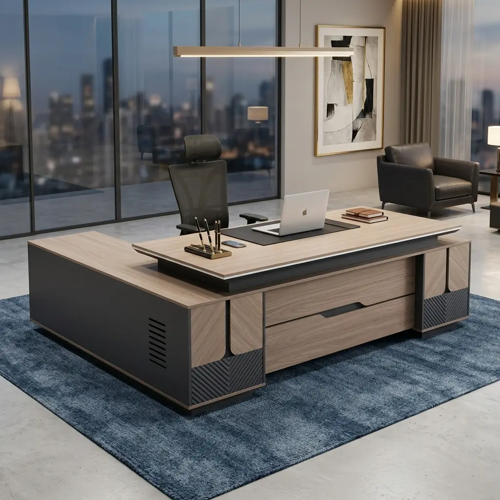 Directors 2.4M Office Desk Featuring An L-Shaped Wooden Executive Workstation With A Light Timber Grain Veneer Top, Matte Charcoal Gray Side Panels, And Geometric Chevron-Milled Base Accents.