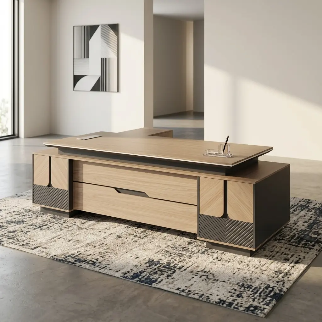 Directors 2.4M Office Desk Featuring An L-Shaped Wooden Executive Workstation With A Light Timber Grain Veneer Top, Matte Charcoal Gray Side Panels, And Geometric Chevron-Milled Base Accents.