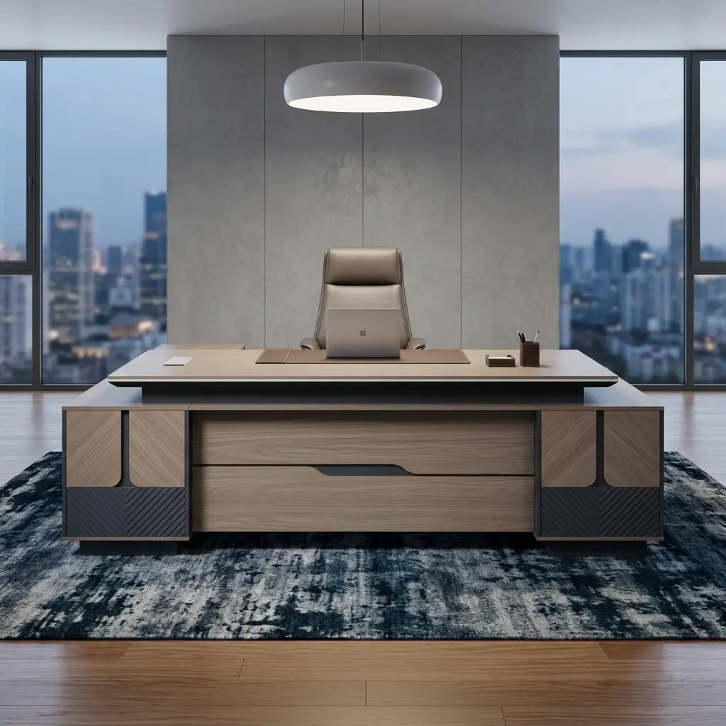 Directors 2.4M Office Desk Featuring An L-Shaped Wooden Executive Workstation With A Light Timber Grain Veneer Top, Matte Charcoal Gray Side Panels, And Geometric Chevron-Milled Base Accents.