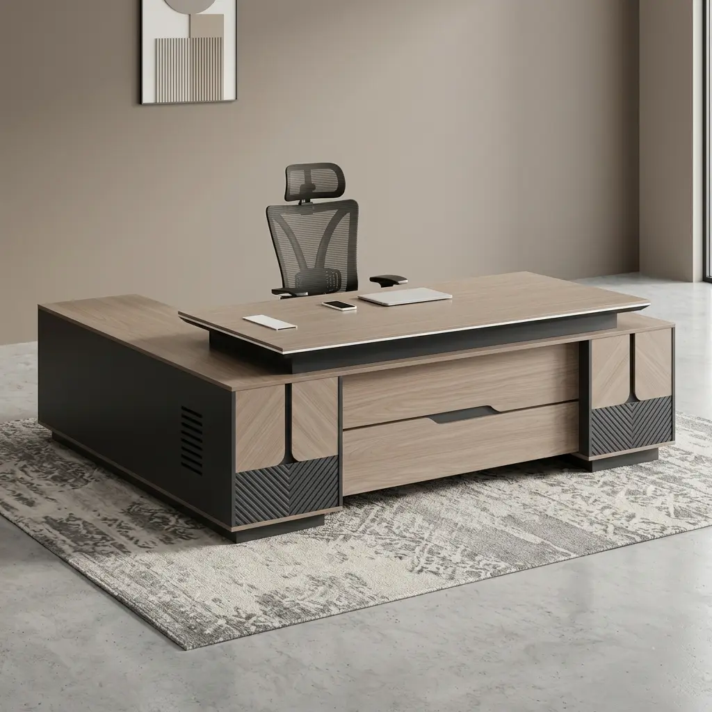 Directors 2.4M Office Desk Featuring An L-Shaped Wooden Executive Workstation With A Light Timber Grain Veneer Top, Matte Charcoal Gray Side Panels, And Geometric Chevron-Milled Base Accents.