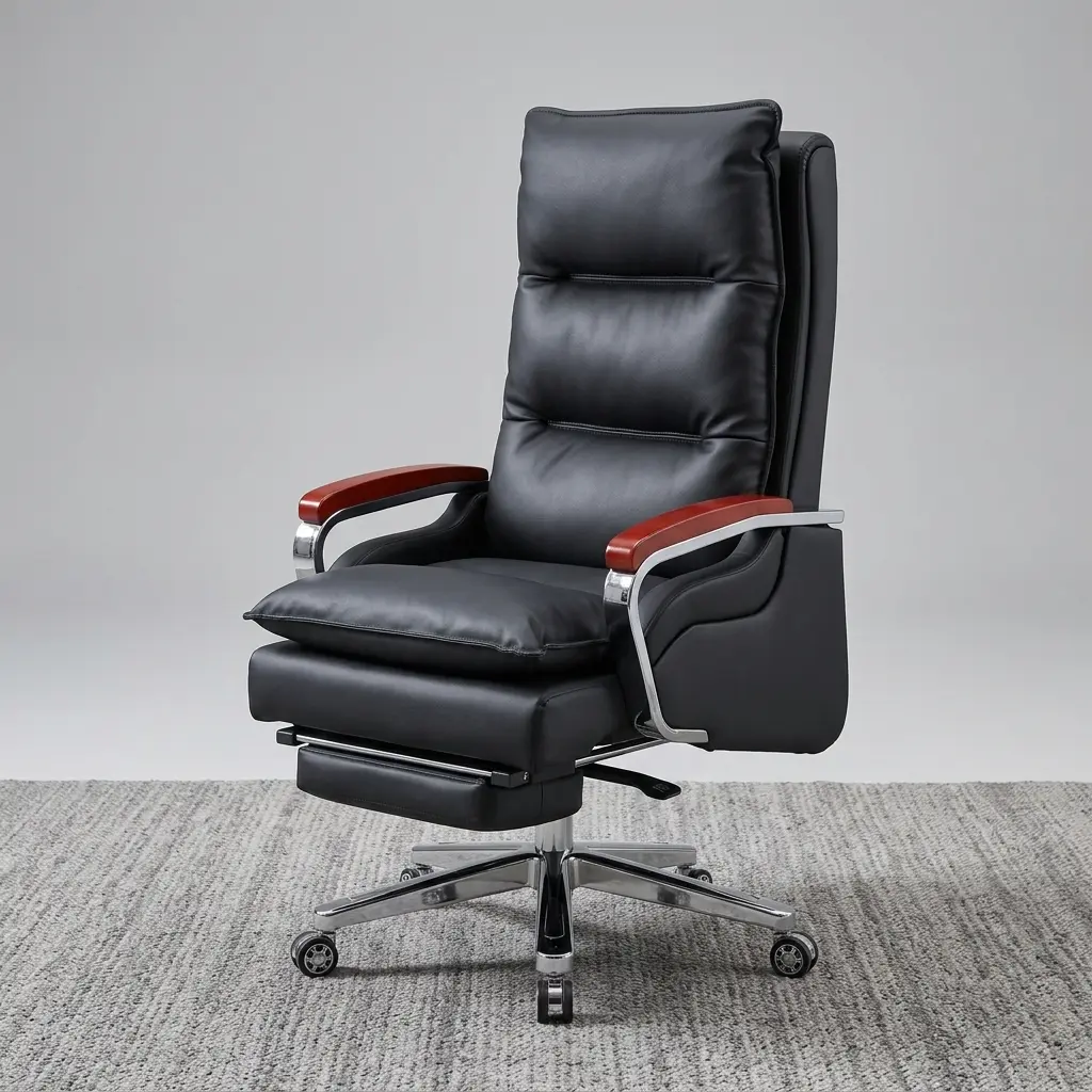 Executive Recliner Office Chair With Footrest Featuring A High-Back Black Leatherette Frame, Overstuffed Segmented Cushioning, Curved Chrome Armrests With Mahogany Wood Caps, An Integrated Retractable Leg Rest, And A Polished Chrome Wheeled Base.
