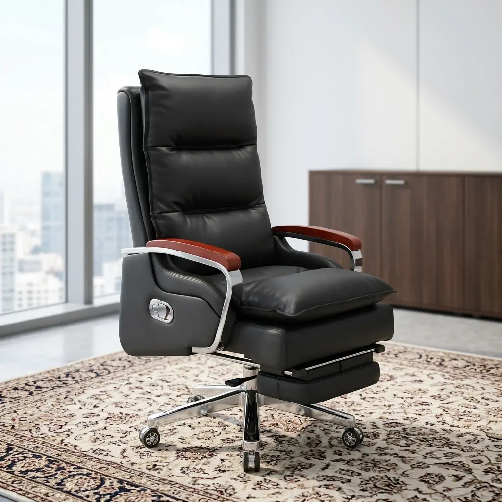 Executive Recliner Office Chair With Footrest Featuring A High-Back Black Leatherette Frame, Overstuffed Segmented Cushioning, Curved Chrome Armrests With Mahogany Wood Caps, An Integrated Retractable Leg Rest, And A Polished Chrome Wheeled Base.