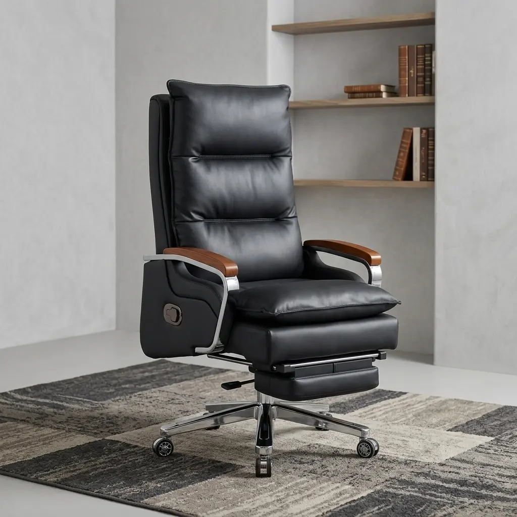 Executive Recliner Office Chair With Footrest Featuring A High-Back Black Leatherette Frame, Overstuffed Segmented Cushioning, Curved Chrome Armrests With Mahogany Wood Caps, An Integrated Retractable Leg Rest, And A Polished Chrome Wheeled Base.