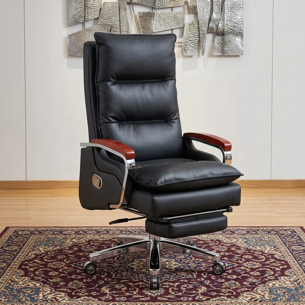 Executive Recliner Office Chair With Footrest Featuring A High-Back Black Leatherette Frame, Overstuffed Segmented Cushioning, Curved Chrome Armrests With Mahogany Wood Caps, An Integrated Retractable Leg Rest, And A Polished Chrome Wheeled Base.