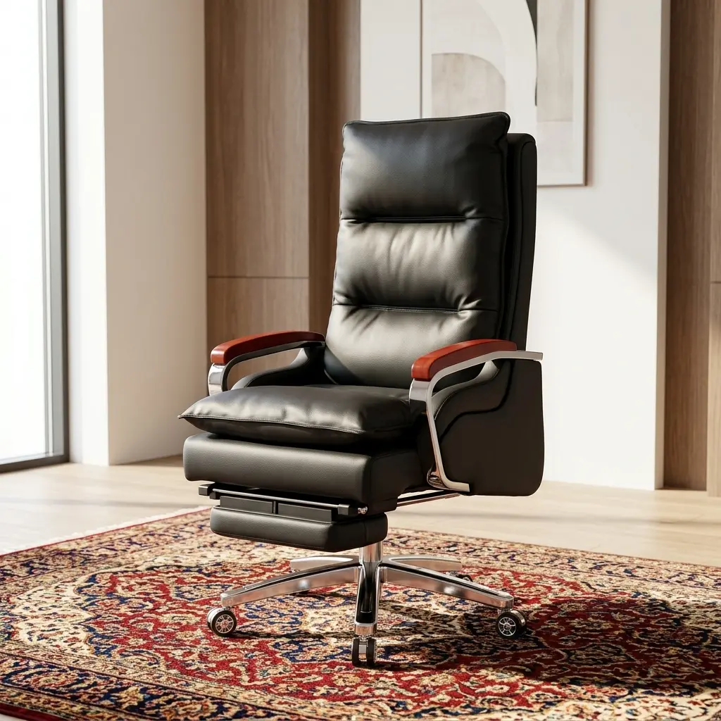 Executive Recliner Office Chair With Footrest Featuring A High-Back Black Leatherette Frame, Overstuffed Segmented Cushioning, Curved Chrome Armrests With Mahogany Wood Caps, An Integrated Retractable Leg Rest, And A Polished Chrome Wheeled Base.