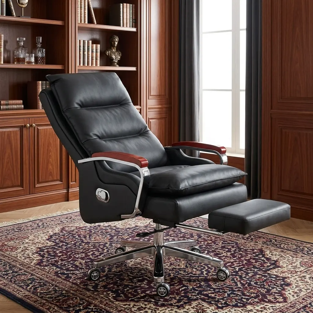 Executive Recliner Office Chair With Footrest Featuring A High-Back Black Leatherette Frame, Overstuffed Segmented Cushioning, Curved Chrome Armrests With Mahogany Wood Caps, An Integrated Retractable Leg Rest, And A Polished Chrome Wheeled Base.