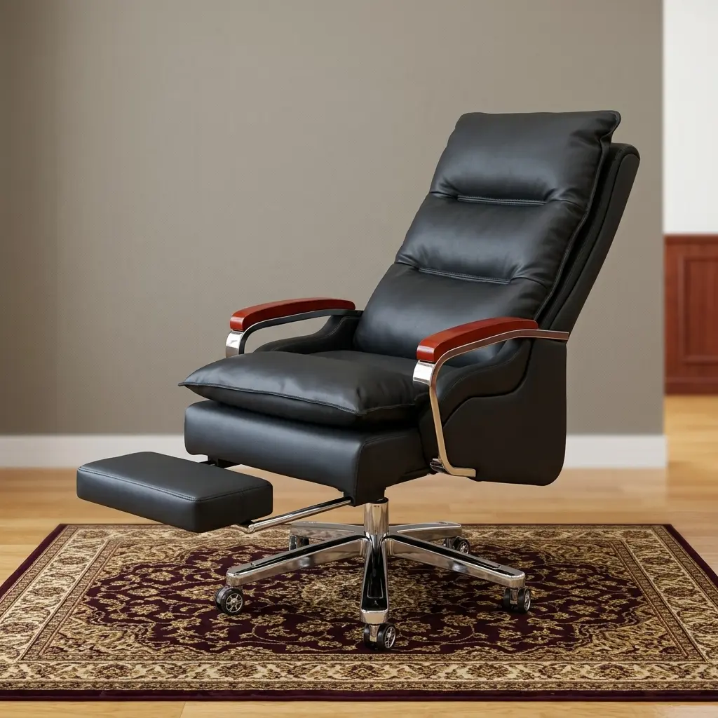 Executive Recliner Office Chair With Footrest Featuring A High-Back Black Leatherette Frame, Overstuffed Segmented Cushioning, Curved Chrome Armrests With Mahogany Wood Caps, An Integrated Retractable Leg Rest, And A Polished Chrome Wheeled Base.