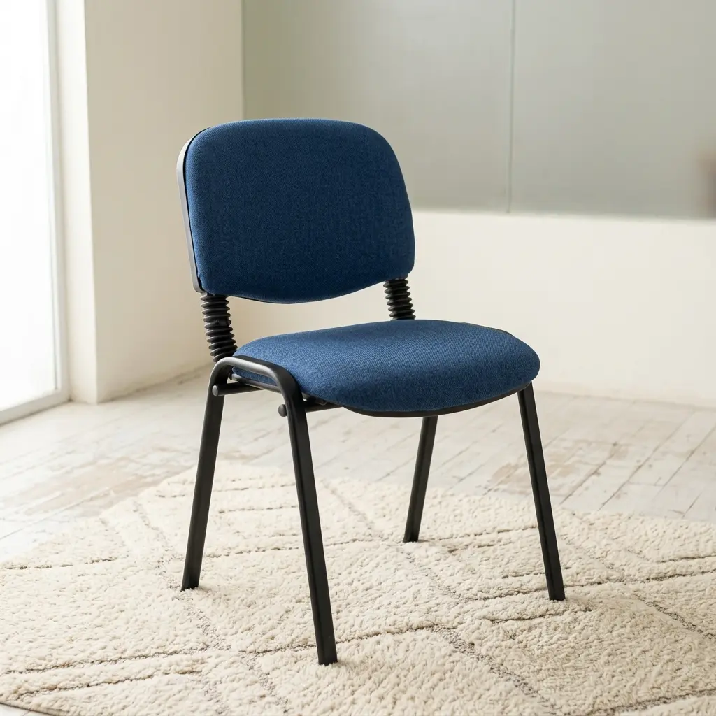 Comfortable Waiting Room Chair With Blue Fabric-Upholstered Padded Seat And Backrest, Armless Design, Black Metallic-Toned Four-Leg Frame And Flexible-Looking Back Supports