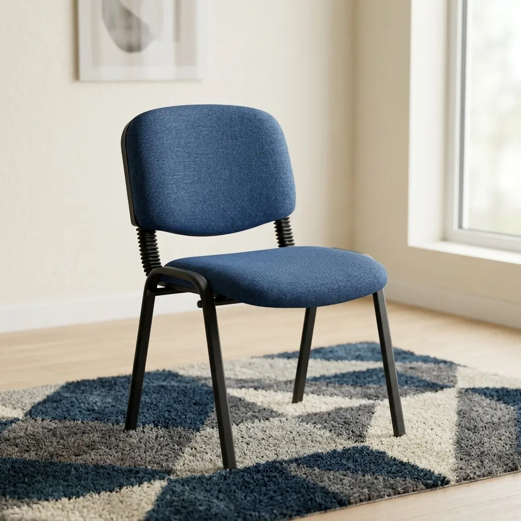 Comfortable Waiting Room Chair With Blue Fabric-Upholstered Padded Seat And Backrest, Armless Design, Black Metallic-Toned Four-Leg Frame And Flexible-Looking Back Supports