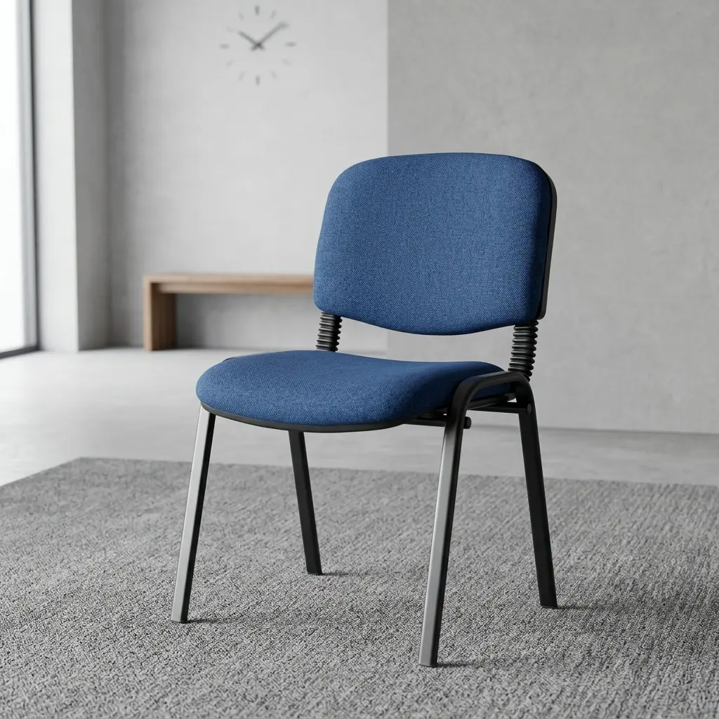 Comfortable Waiting Room Chair With Blue Fabric-Upholstered Padded Seat And Backrest, Armless Design, Black Metallic-Toned Four-Leg Frame And Flexible-Looking Back Supports