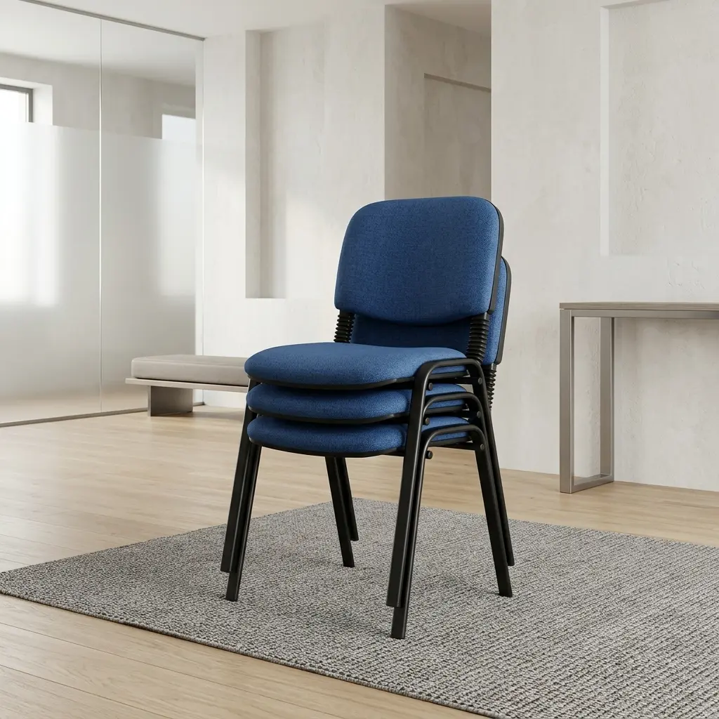 Comfortable Waiting Room Chair With Blue Fabric-Upholstered Padded Seat And Backrest, Armless Design, Black Metallic-Toned Four-Leg Frame And Flexible-Looking Back Supports