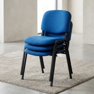 Comfortable Waiting Room Chair with blue fabric-upholstered padded seat and backrest, armless design, black metallic-toned four-leg frame and flexible-looking back supports