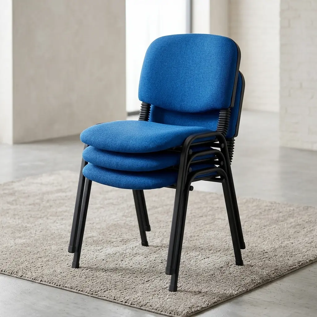 Comfortable Waiting Room Chair With Blue Fabric-Upholstered Padded Seat And Backrest, Armless Design, Black Metallic-Toned Four-Leg Frame And Flexible-Looking Back Supports