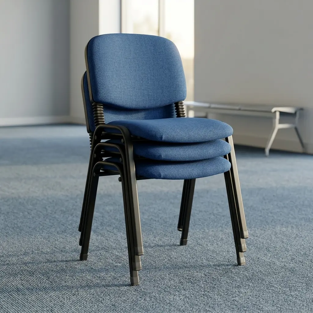 Comfortable Waiting Room Chair With Blue Fabric-Upholstered Padded Seat And Backrest, Armless Design, Black Metallic-Toned Four-Leg Frame And Flexible-Looking Back Supports