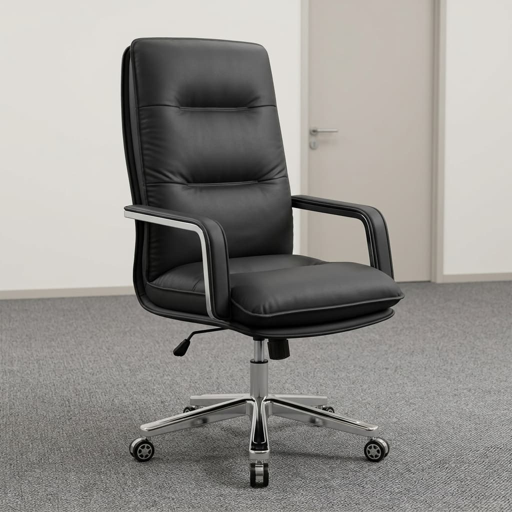 Oxy Executive Seat Showcasing A High-Back Black Leatherette Backrest With Deep Horizontal Tufted Block Padding, Matching Padded Armrests, And A Polished Chrome Wheeled Base.