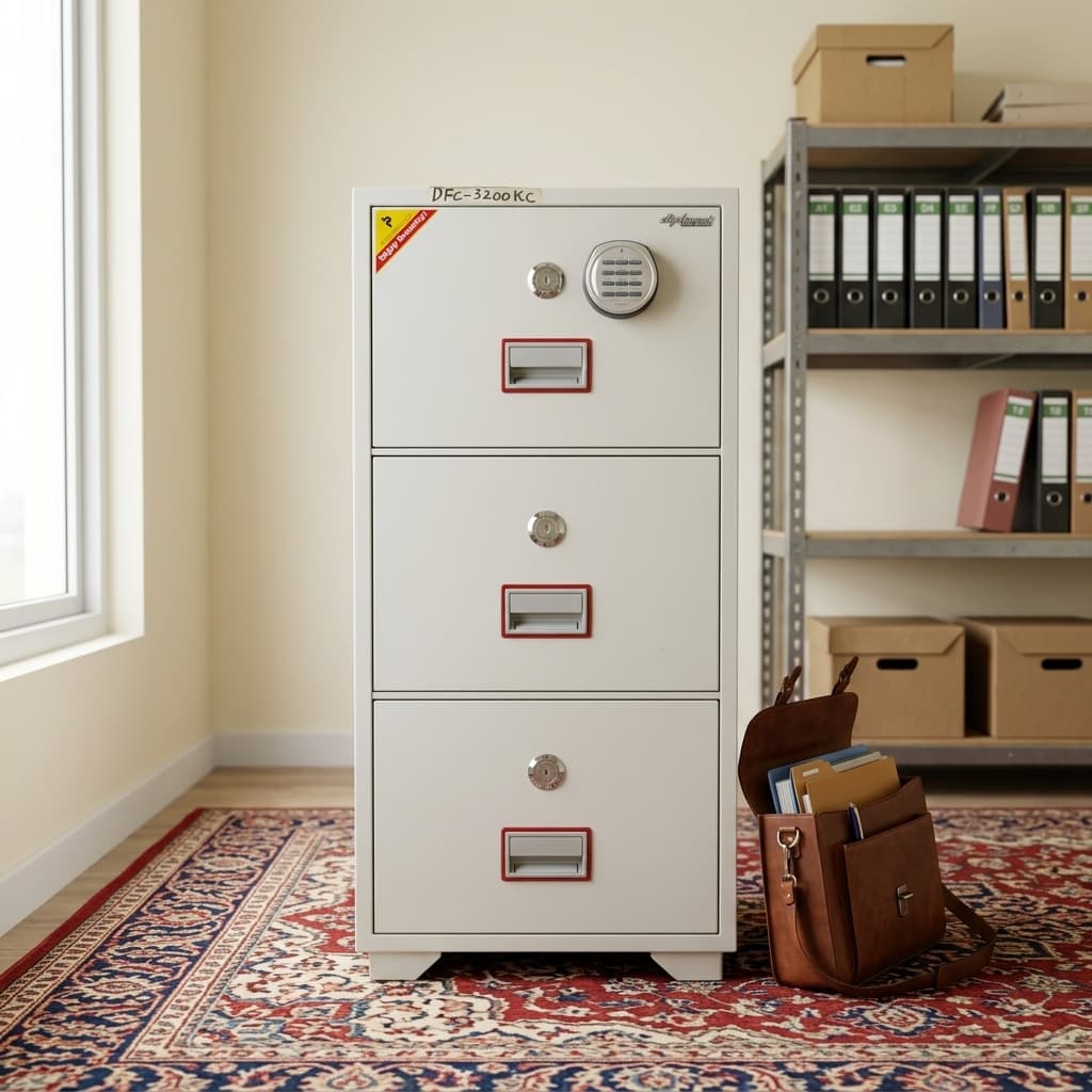 Diplomat Dfc-2000K 2-Drawer Fireproof Filing Safe Featuring A Cream-Colored Steel Body, An Upper Digital Keypad Lock, Independent Key Cylinders, And Recessed Metal Drawer Handles.