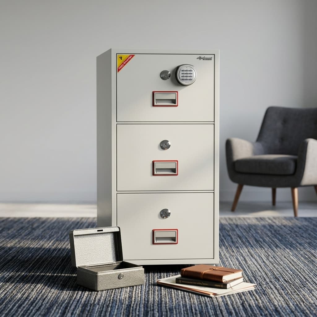 Diplomat Dfc-2000K 2-Drawer Fireproof Filing Safe Featuring A Cream-Colored Steel Body, An Upper Digital Keypad Lock, Independent Key Cylinders, And Recessed Metal Drawer Handles.