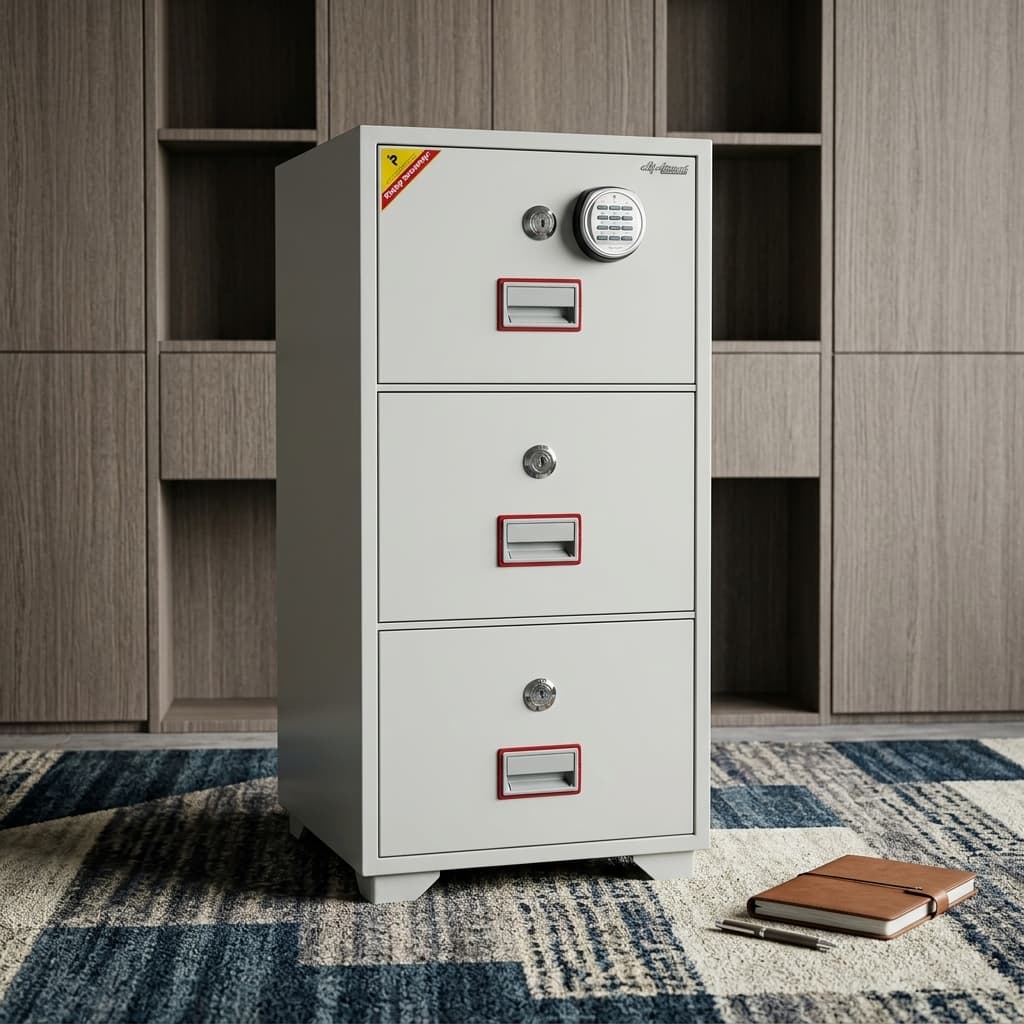 Diplomat Dfc-2000K 2-Drawer Fireproof Filing Safe Featuring A Cream-Colored Steel Body, An Upper Digital Keypad Lock, Independent Key Cylinders, And Recessed Metal Drawer Handles.