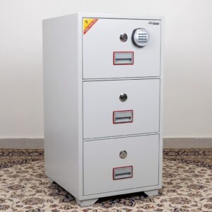 Diplomat DFC-2000K 2-Drawer Fireproof Filing Safe featuring a cream-colored steel body, an upper digital keypad lock, independent key cylinders, and recessed metal drawer handles.