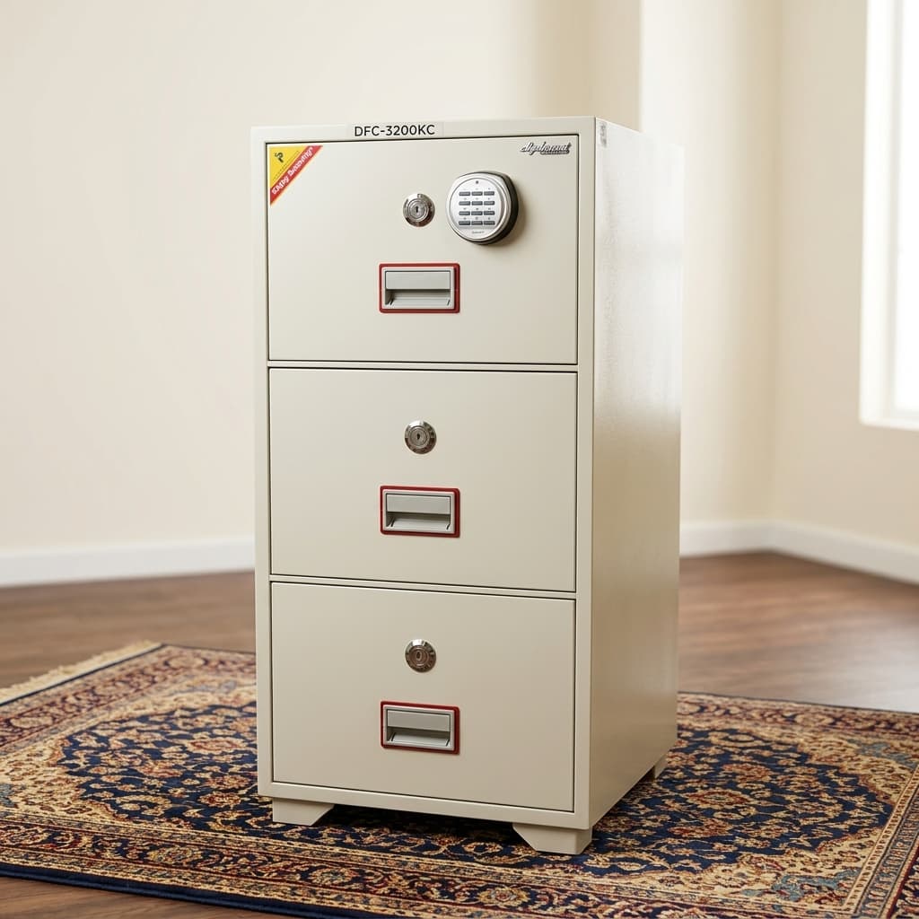Diplomat Dfc-2000K 2-Drawer Fireproof Filing Safe Featuring A Cream-Colored Steel Body, An Upper Digital Keypad Lock, Independent Key Cylinders, And Recessed Metal Drawer Handles.