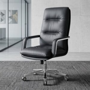 OXY Executive Seat showcasing a high-back black leatherette backrest with deep horizontal tufted block padding, matching padded armrests, and a polished chrome wheeled base.