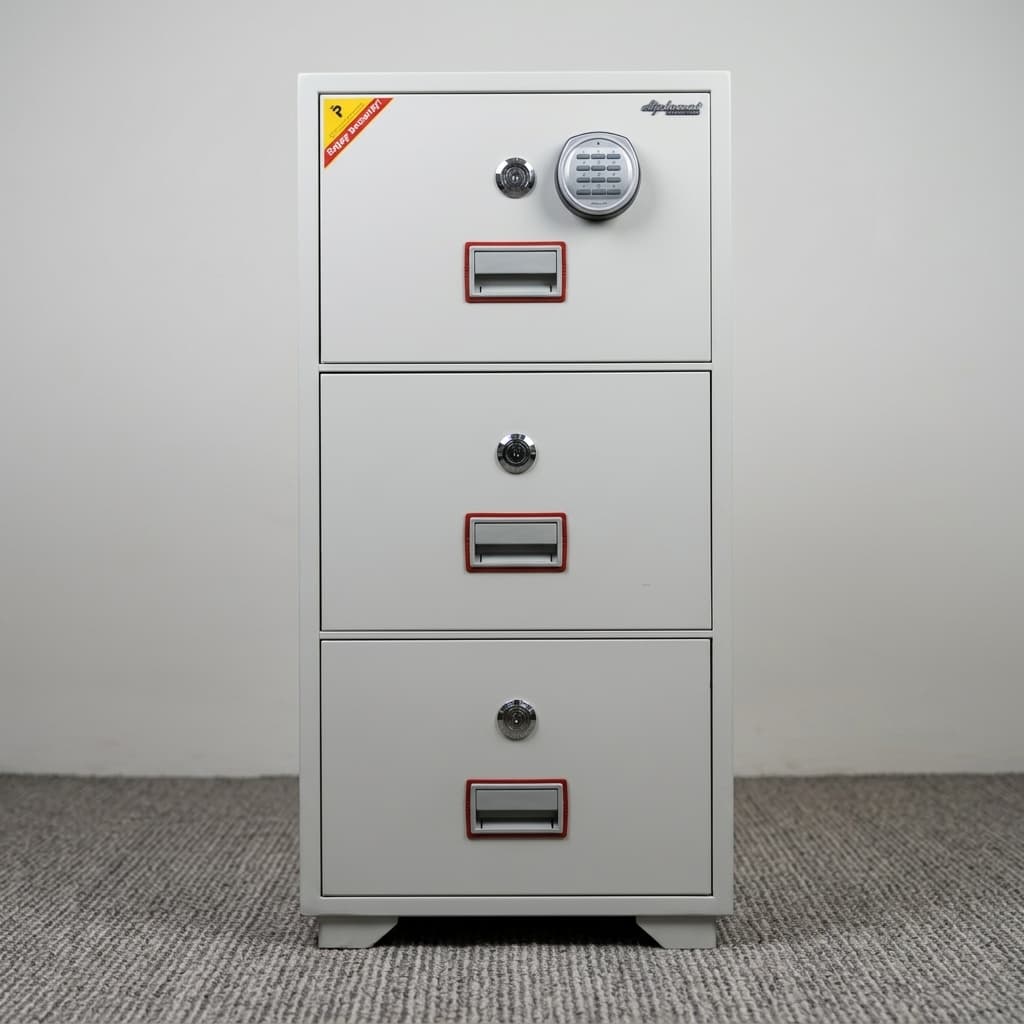 Diplomat Dfc-2000K 2-Drawer Fireproof Filing Safe Featuring A Cream-Colored Steel Body, An Upper Digital Keypad Lock, Independent Key Cylinders, And Recessed Metal Drawer Handles.