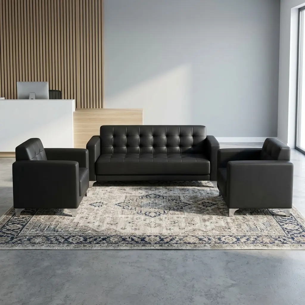 The Leather 5-Seater Reception Set Includes A Spacious 3-Seater Sofa And Two Single-Seater Armchairs With Premium Black Leather Upholstery And Modern Executive Styling.
