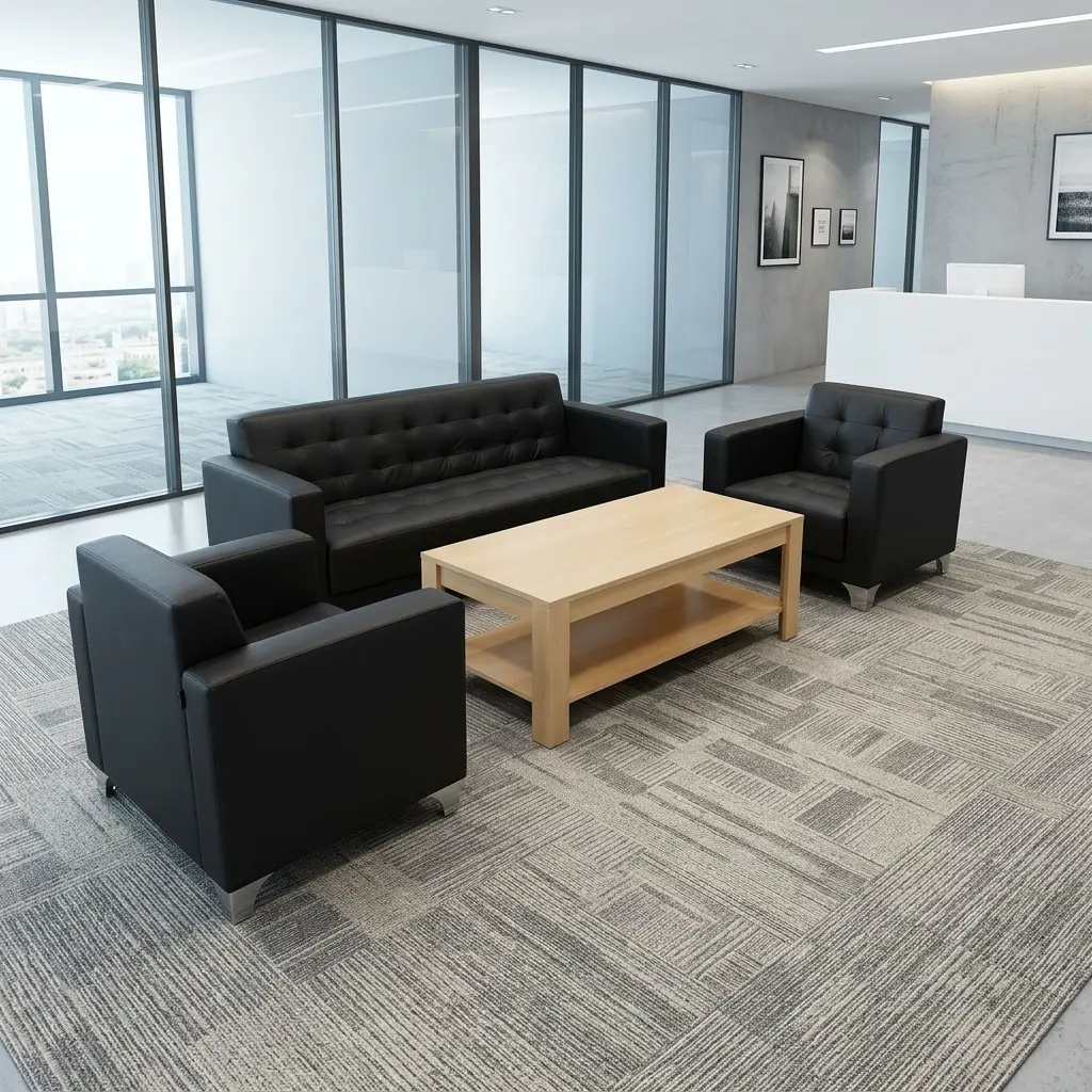 Leather 5-Seater Reception Set With Black Leather 3-Seater Sofa And Two Single-Seater Armchairs For Modern Office Reception Areas