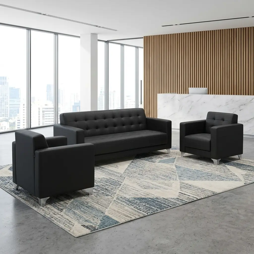 Leather 5-Seater Reception Set With Black Leather 3-Seater Sofa And Two Single-Seater Armchairs For Modern Office Reception Areas