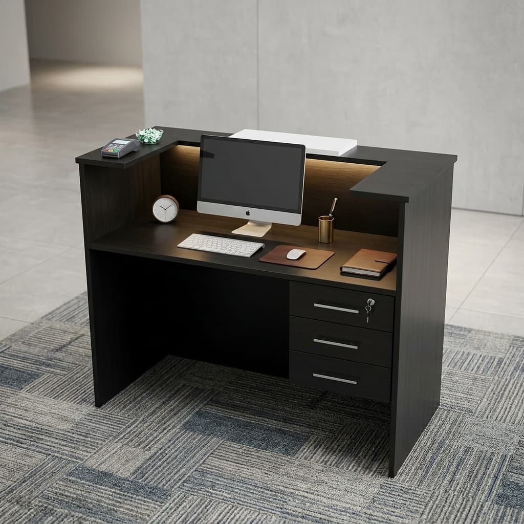 Minimalist Reception Desk 1.2M Showcasing A Matte Black Rectangular Front Counter With Horizontal Silver Accent Bands, A Central White Panel, A Dual-Tier Privacy Ledge, And A Right-Side Three-Drawer Locking Pedestal.