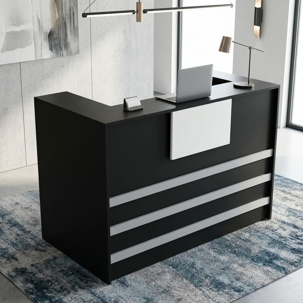 Minimalist Reception Desk 1.2M Showcasing A Matte Black Rectangular Front Counter With Horizontal Silver Accent Bands, A Central White Panel, A Dual-Tier Privacy Ledge, And A Right-Side Three-Drawer Locking Pedestal.