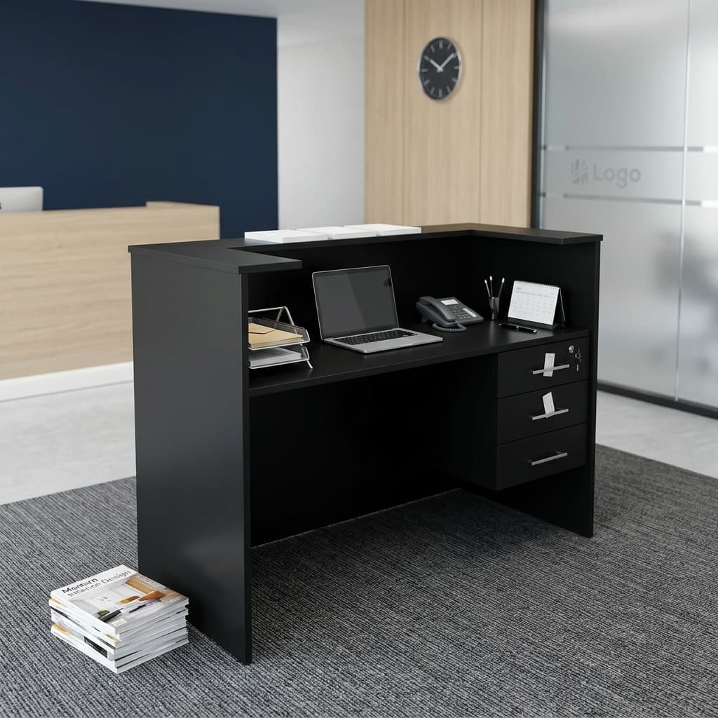 Minimalist Reception Desk 1.2M Showcasing A Matte Black Rectangular Front Counter With Horizontal Silver Accent Bands, A Central White Panel, A Dual-Tier Privacy Ledge, And A Right-Side Three-Drawer Locking Pedestal.
