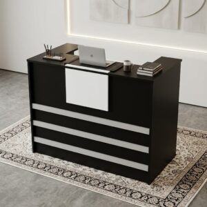 Minimalist Reception Desk 1.2m showcasing a matte black rectangular front counter with horizontal silver accent bands, a central white panel, a dual-tier privacy ledge, and a right-side three-drawer locking pedestal.