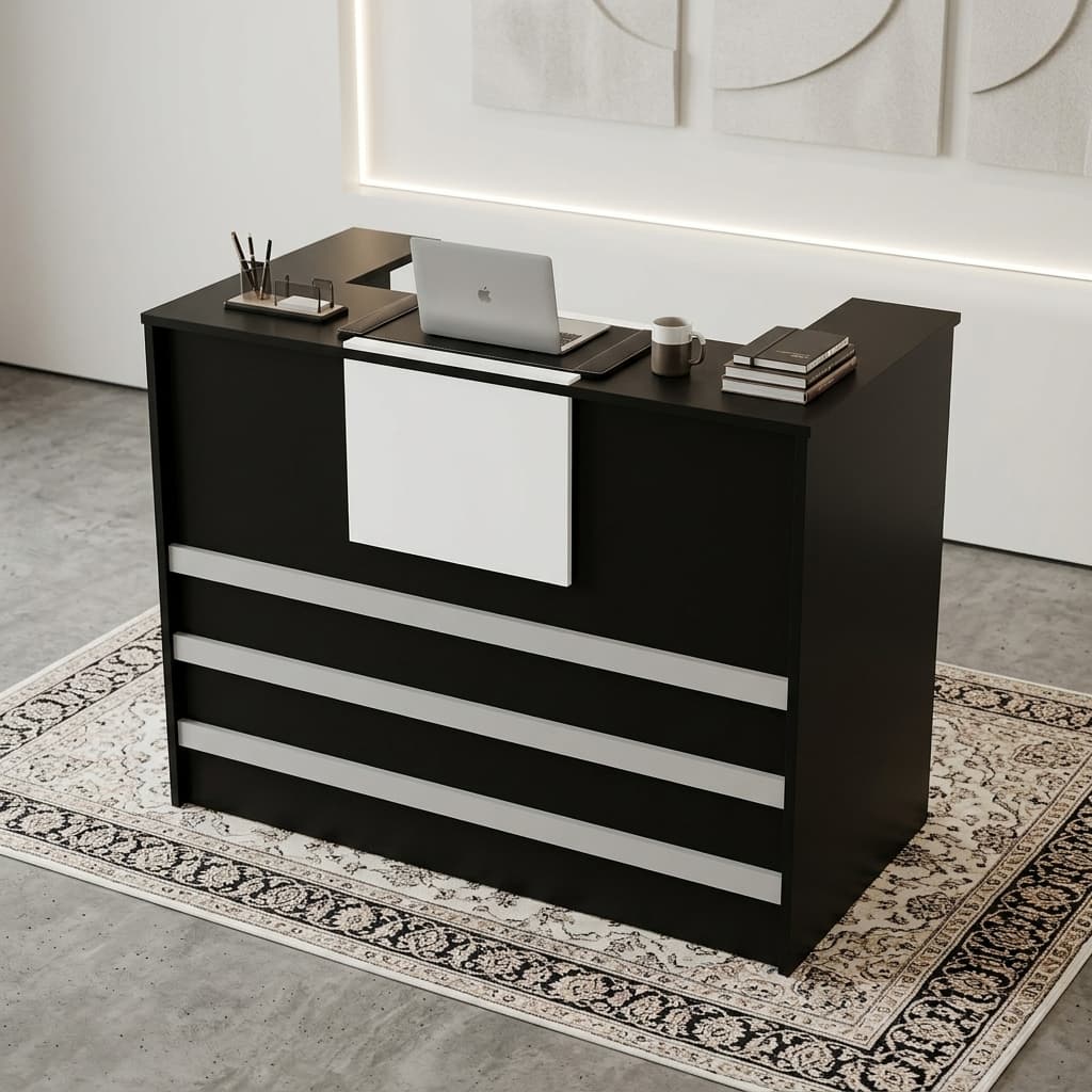Minimalist Reception Desk 1.2M Showcasing A Matte Black Rectangular Front Counter With Horizontal Silver Accent Bands, A Central White Panel, A Dual-Tier Privacy Ledge, And A Right-Side Three-Drawer Locking Pedestal.