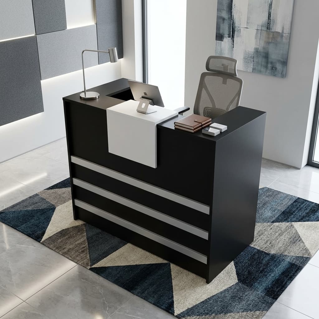 Minimalist Reception Desk 1.2M Showcasing A Matte Black Rectangular Front Counter With Horizontal Silver Accent Bands, A Central White Panel, A Dual-Tier Privacy Ledge, And A Right-Side Three-Drawer Locking Pedestal.