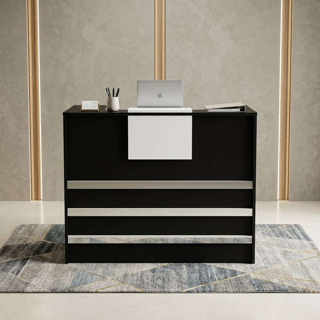 Minimalist Reception Desk 1.2M Showcasing A Matte Black Rectangular Front Counter With Horizontal Silver Accent Bands, A Central White Panel, A Dual-Tier Privacy Ledge, And A Right-Side Three-Drawer Locking Pedestal.