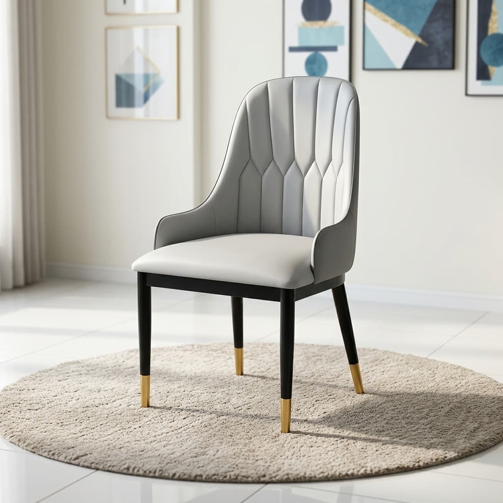 Luxury Tufted Dining Chair Showcasing A Light Gray Faux Leather Bucket Seat With Diamond Channel Tufting On The Backrest, Integrated Armrests, And Black Legs With Gold Tips.